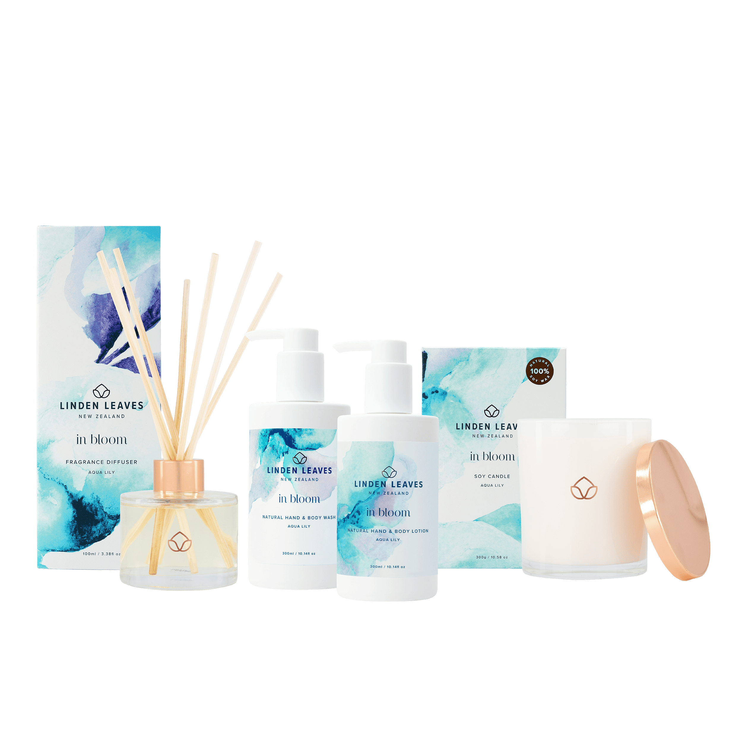 Aqua Lily Soy Candle, Fragrance Diffuser, Hand & Body Lotion & Hand & Body Wash