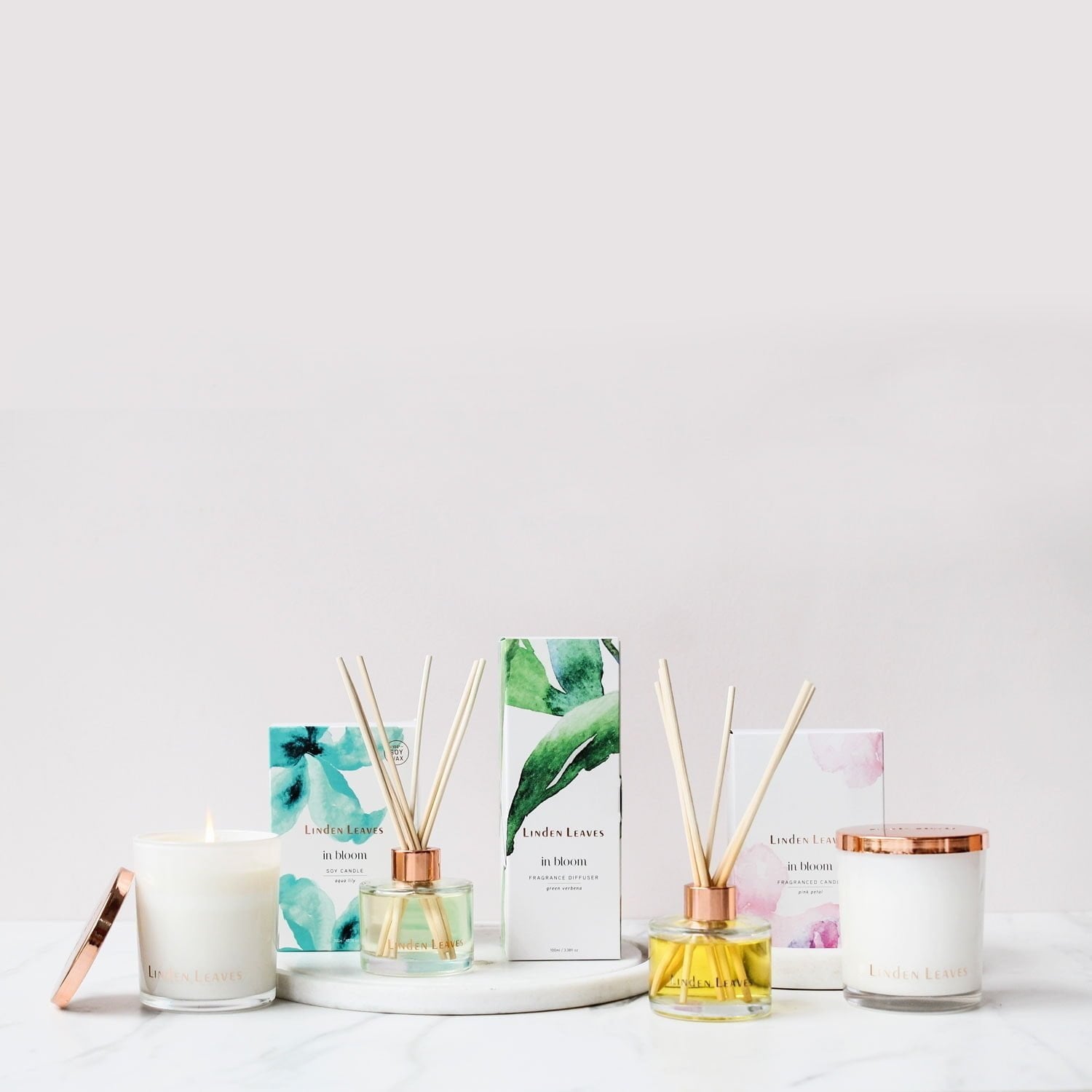 Aqua Lily, Pink Petal & Green Verbena Soy Candles and Aqua Lily, Pink Petal & Green Verbena Fragrance Diffusers