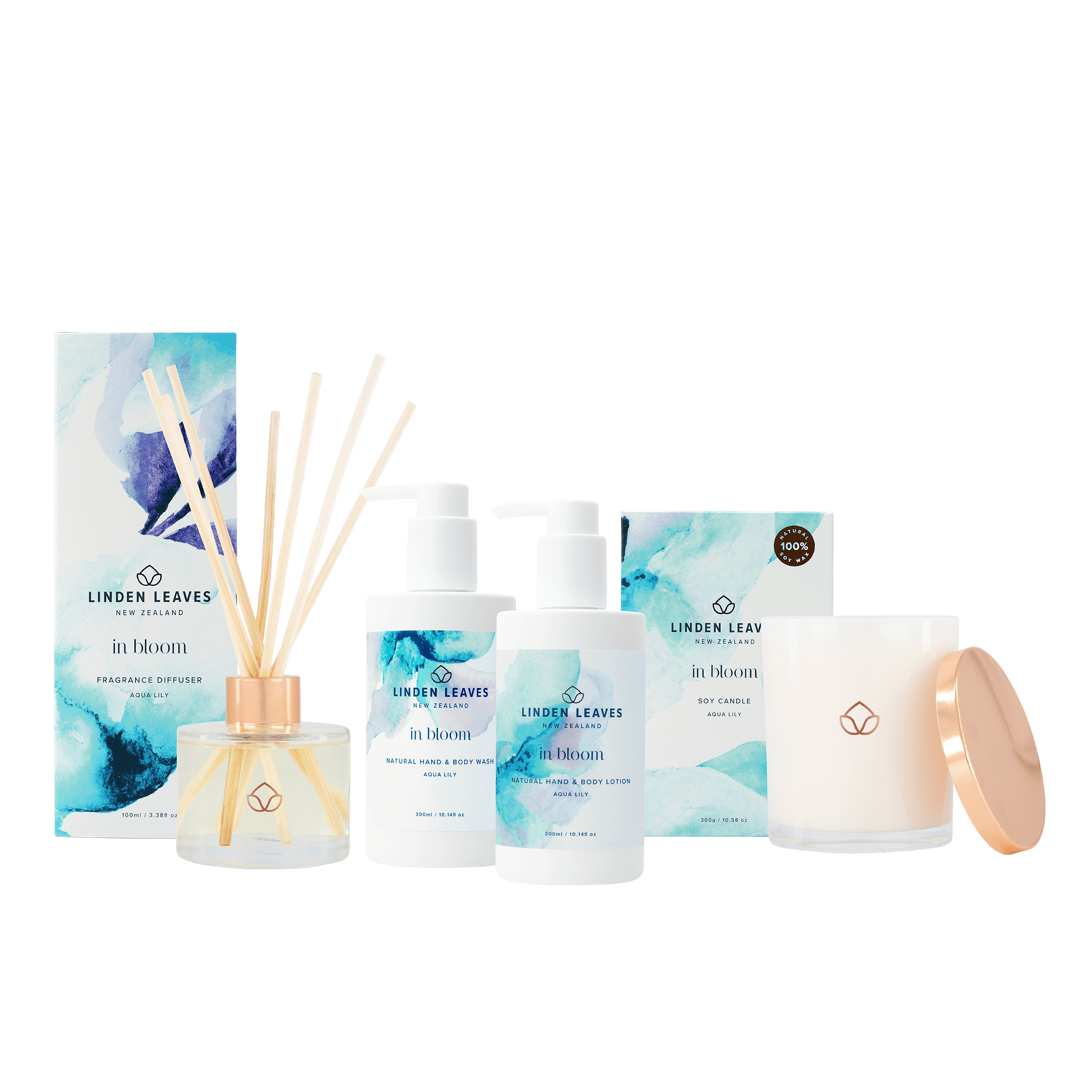 Aqua Lily Collection – Wash & Lotion, Fragrance Diffuser, Soy Candle