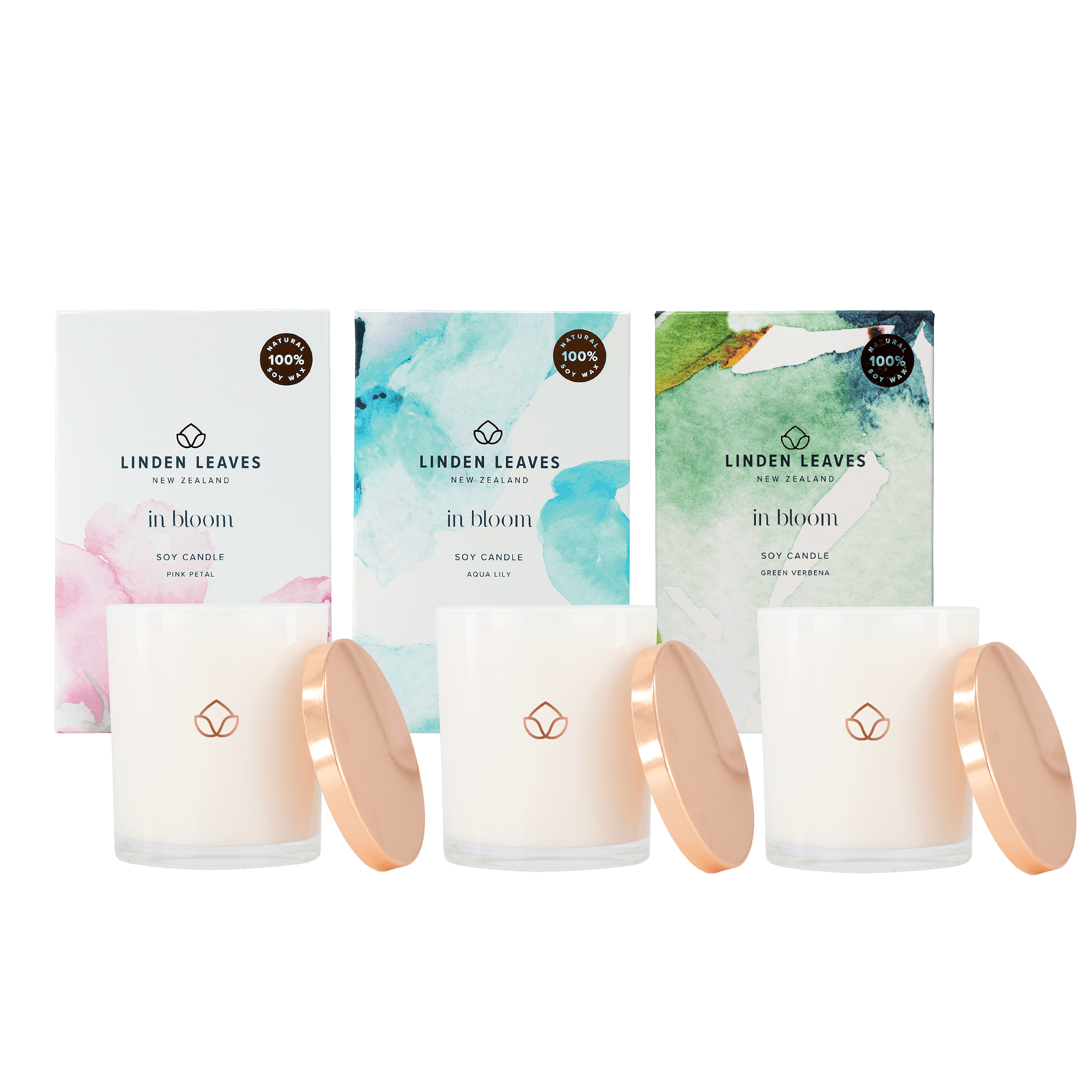 Soy Candle Collection – Aqua Lily, Pink Petal & Green Verbena